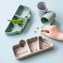 Assiette bébé compartimentée en silicone croco rose