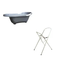 Baignoire bébé argentée avec vidange + grand support de baignoire