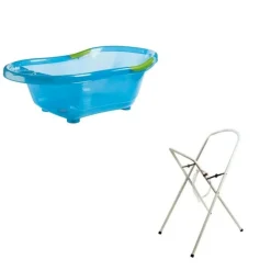 Baignoire bébé bleue avec vidange + grand support de baignoire