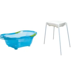 Baignoire bébé bleue pailletée translucide avec vidange + support de baignoire