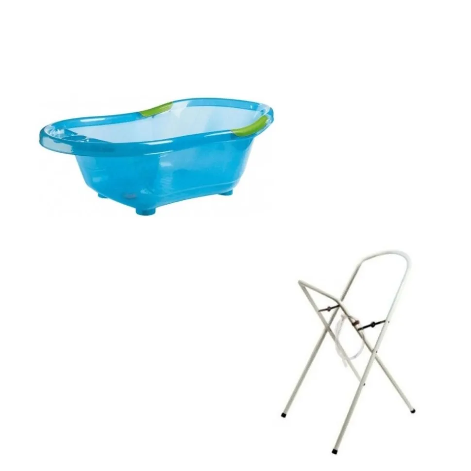 Baignoire bébé bleue pailletée translucide avec vidange + grand support de baignoire