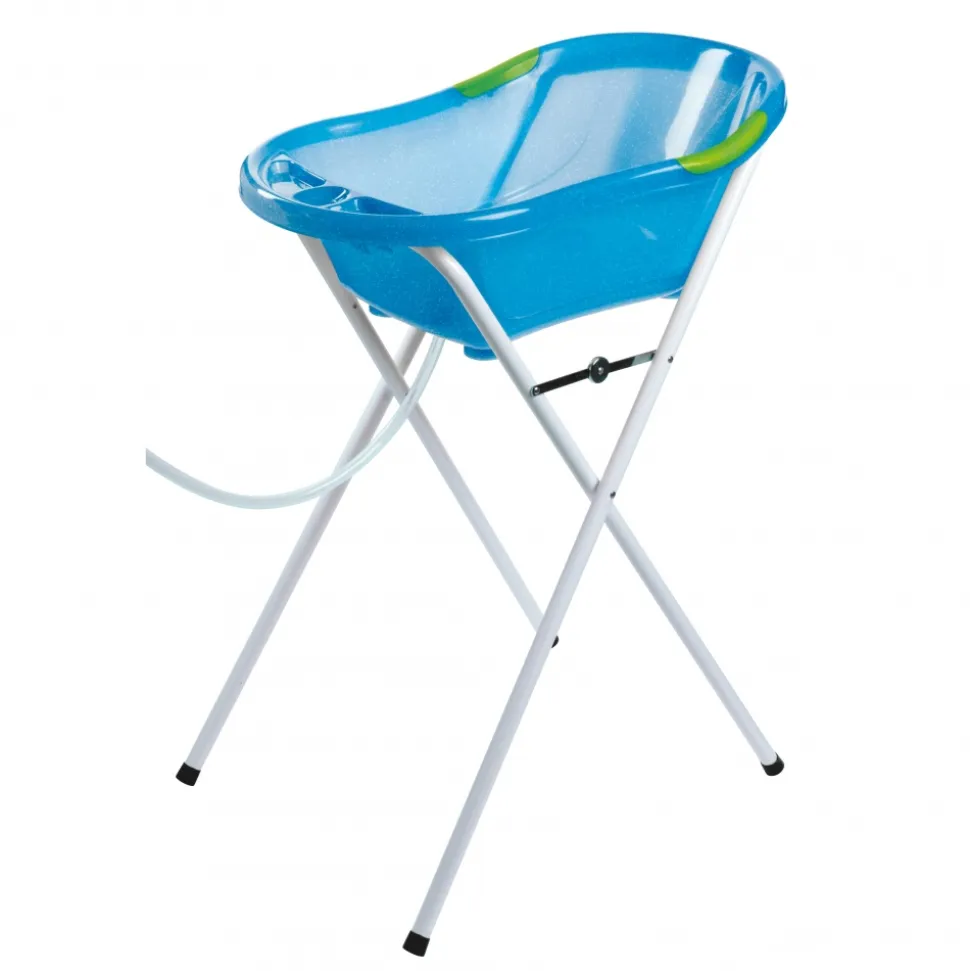 Baignoire bébé bleue pailletée translucide avec vidange + grand support de baignoire