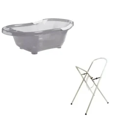 Baignoire bébé grise avec vidange + grand support de baignoire