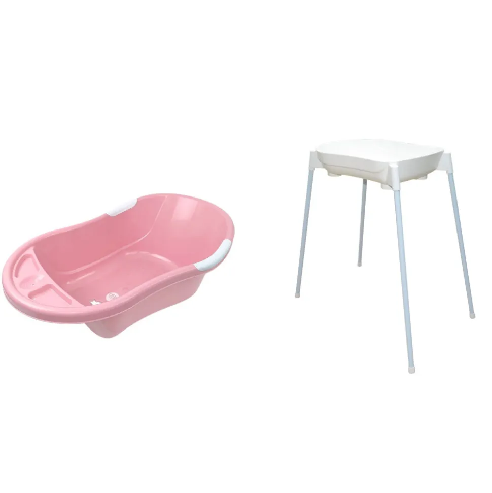 Baignoire bébé rose avec vidange + support de baignoire