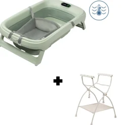 Baignoire indigo plus + insert nouveau-né sage green + support de baignoire