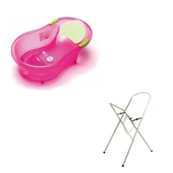 Baignoire 0-6 mois rose pailletée translucide avec transat intégré + petit support de baignoire