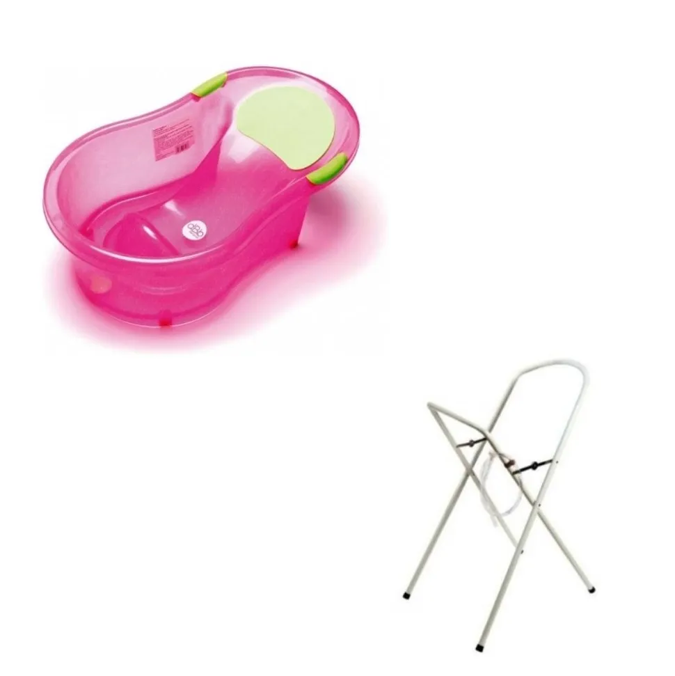Baignoire 0-6 mois rose pailletée translucide avec transat intégré + petit support de baignoire