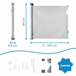 Barrière de sécurité rétractable safe & roll fixation vis extensible jusqu’à 140 cm