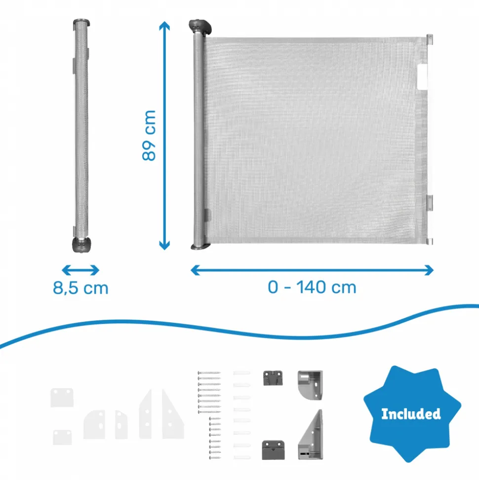 Barrière de sécurité rétractable safe & roll fixation vis extensible jusqu’à 140 cm