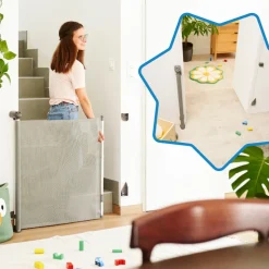Barrière de sécurité rétractable safe & roll fixation vis extensible jusqu’à 140 cm