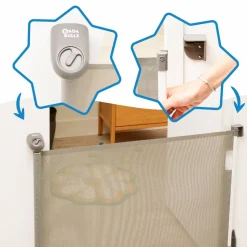 Barrière de sécurité rétractable safe & roll fixation vis extensible jusqu’à 140 cm