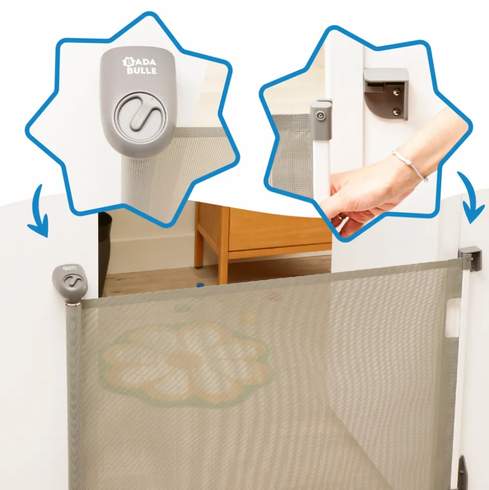 Barrière de sécurité rétractable safe & roll fixation vis extensible jusqu’à 140 cm