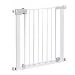 Barrière enfant 73–80 cm + extension 14 cm pour atteindre 94 cm, métal, auto close, fixation pression à 4 points, blanc
