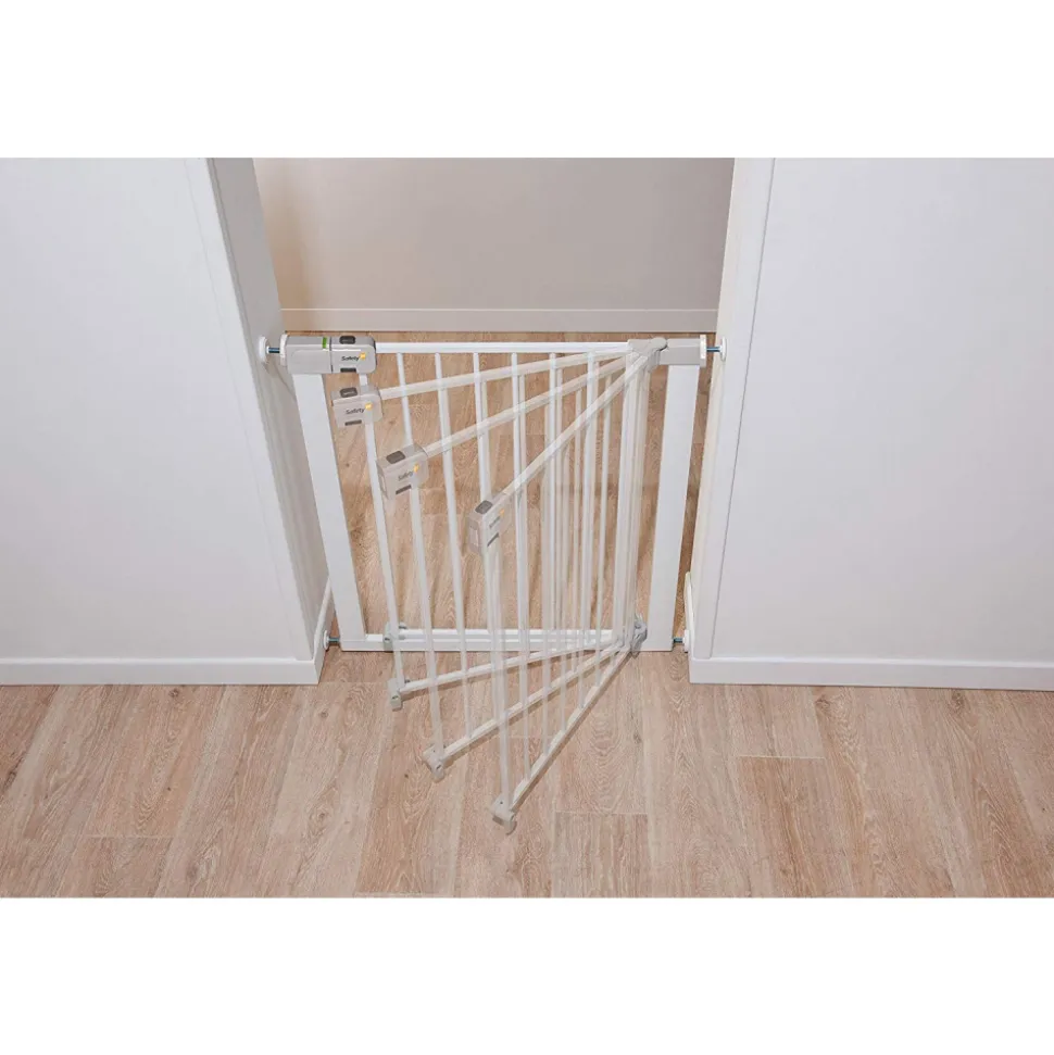 Barrière enfant 73–80 cm + extension 14 cm pour atteindre 94 cm, métal, auto close, fixation pression à 4 points, blanc