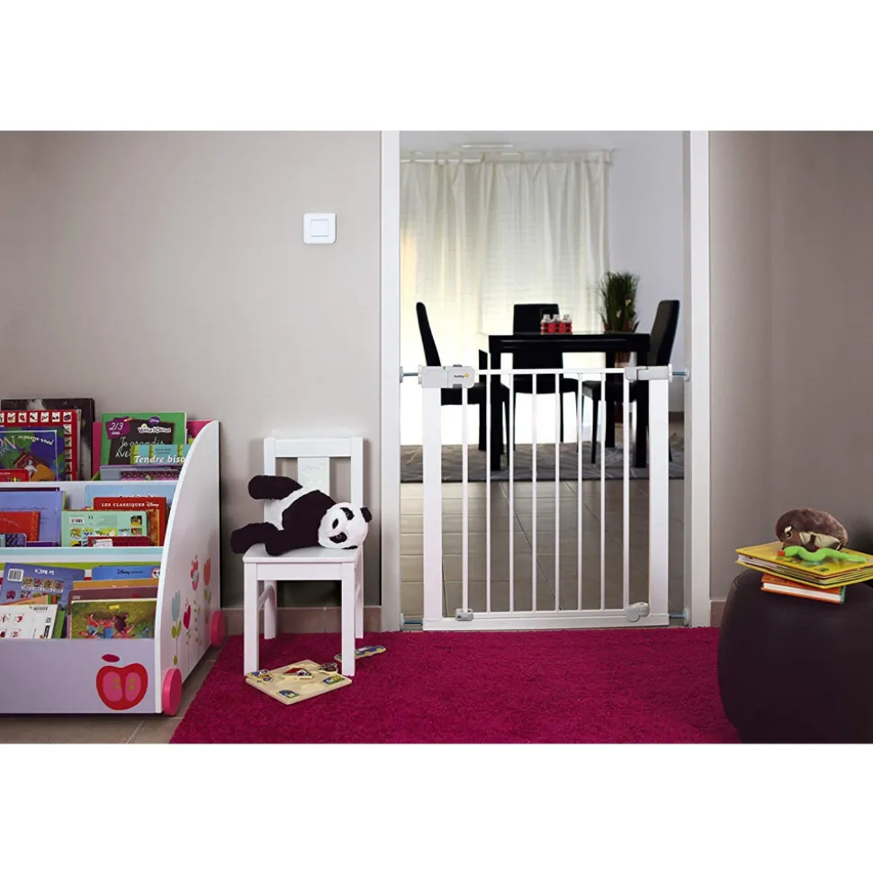 Barrière enfant 73–80 cm + extension 14 cm pour atteindre 94 cm, métal, auto close, fixation pression à 4 points, blanc