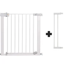 Barrière enfant 73–80 cm + extension 14 cm pour atteindre 94 cm, métal, auto close, fixation pression à 4 points, blanc
