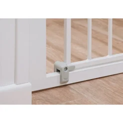Barrière enfant 73–80 cm + extension 14 cm pour atteindre 94 cm, métal, auto close, fixation pression à 4 points, blanc