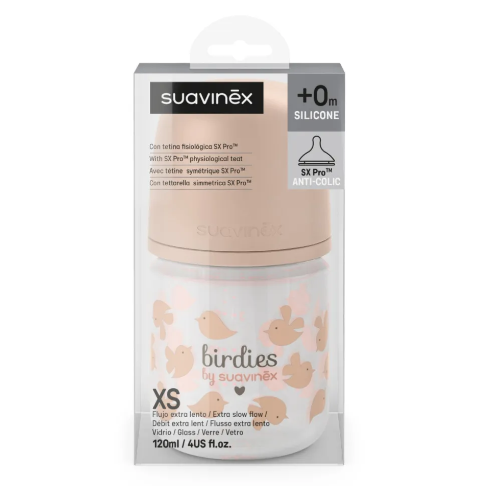 Biberon en verre bébé 120 ml avec tétine sx pro birdies rose