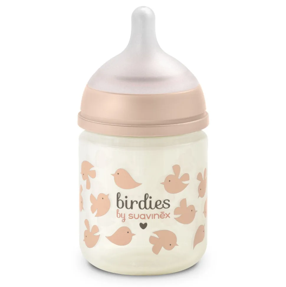 Biberon en verre bébé 120 ml avec tétine sx pro birdies rose