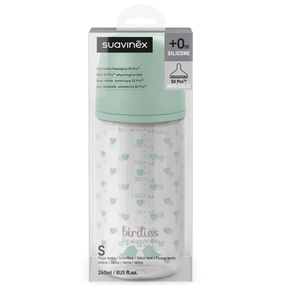 Biberon en verre bébé 240 ml avec tétine sx pro birdies vert