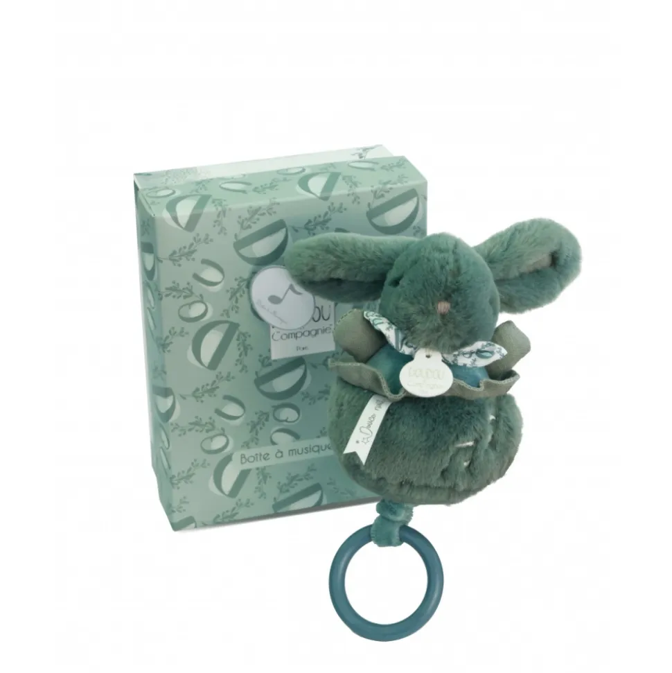 Boîte à musique lapin doudou vert sauge
