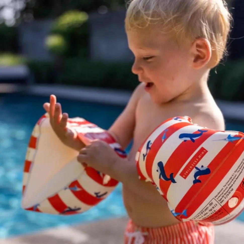 Brassards piscine enfant 0-2 ans - rayé blanc/rouge baleine