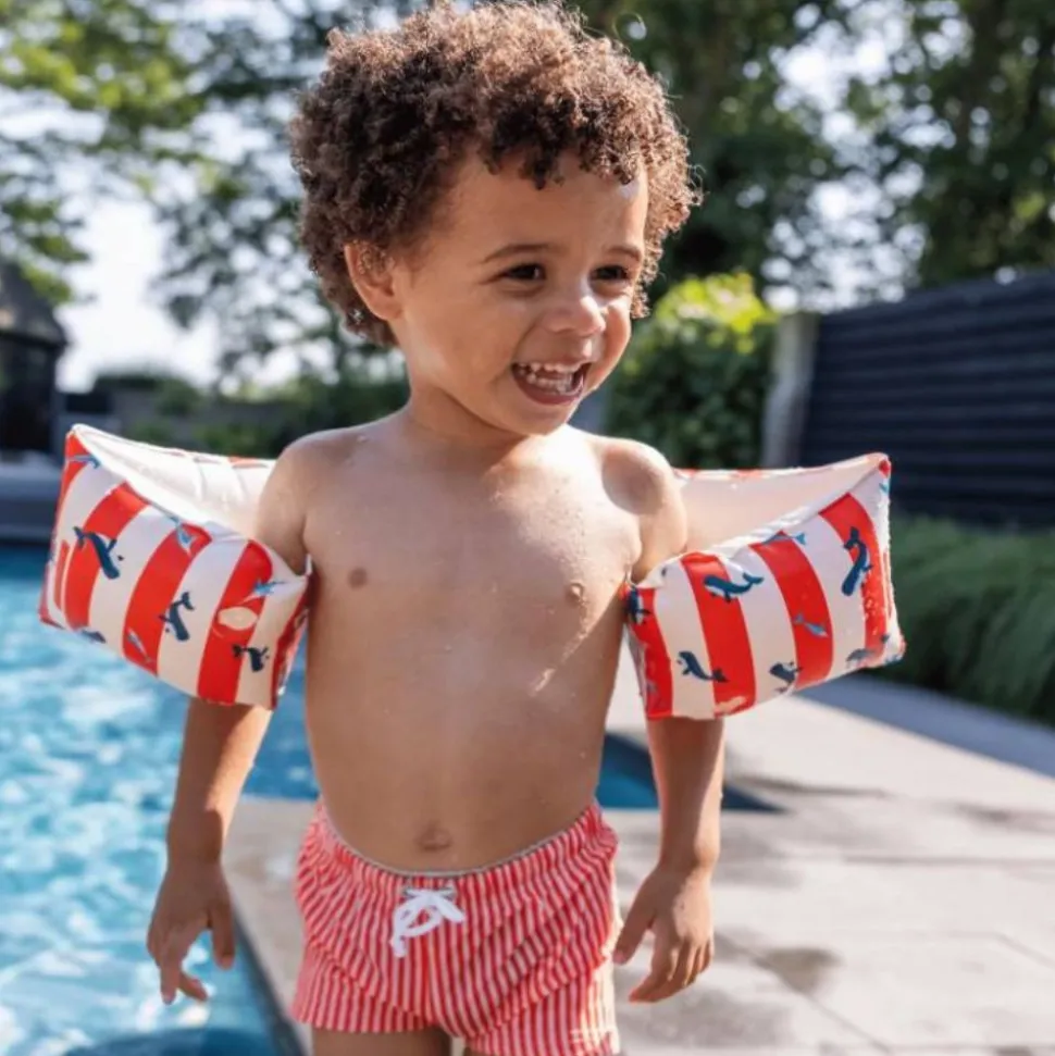 Brassards piscine enfant 0-2 ans - rayé blanc/rouge baleine