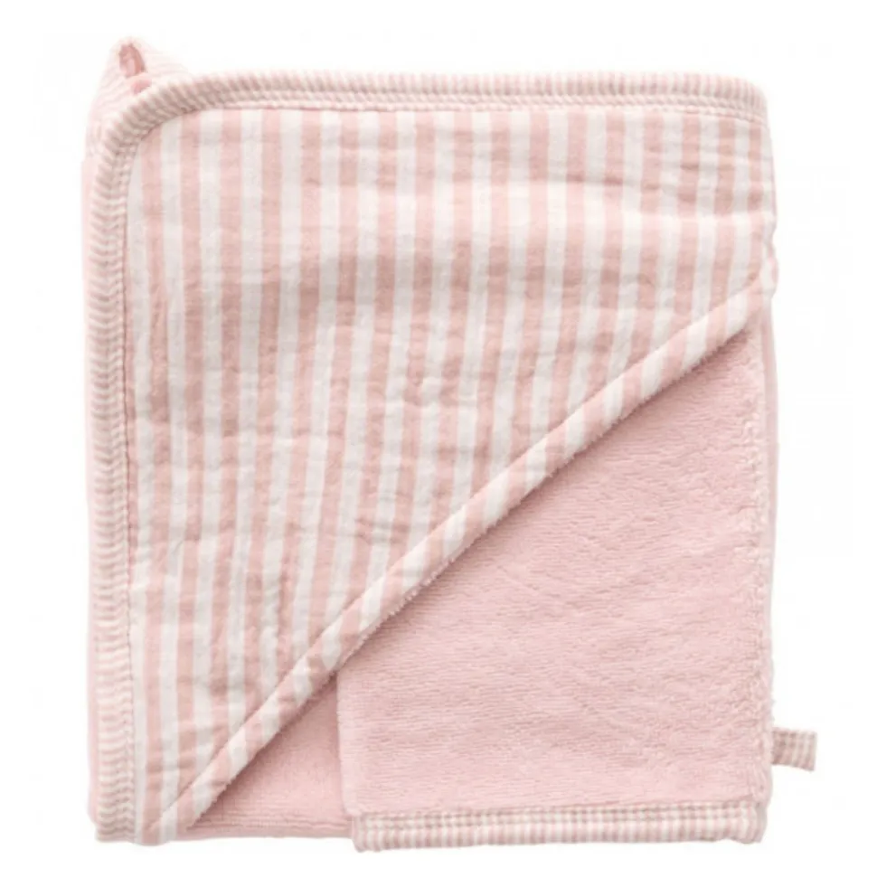 Cape de bain bébé avec gant de toilette vieux rose - soft stripes