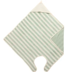 Cape de bain tablier en bambou et gaze rayée ivoire/ vert de gris