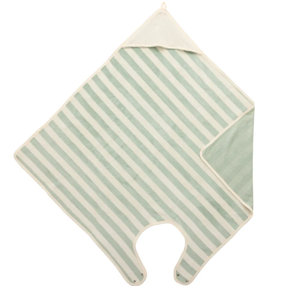 Cape de bain tablier en bambou et gaze rayée ivoire/ vert de gris