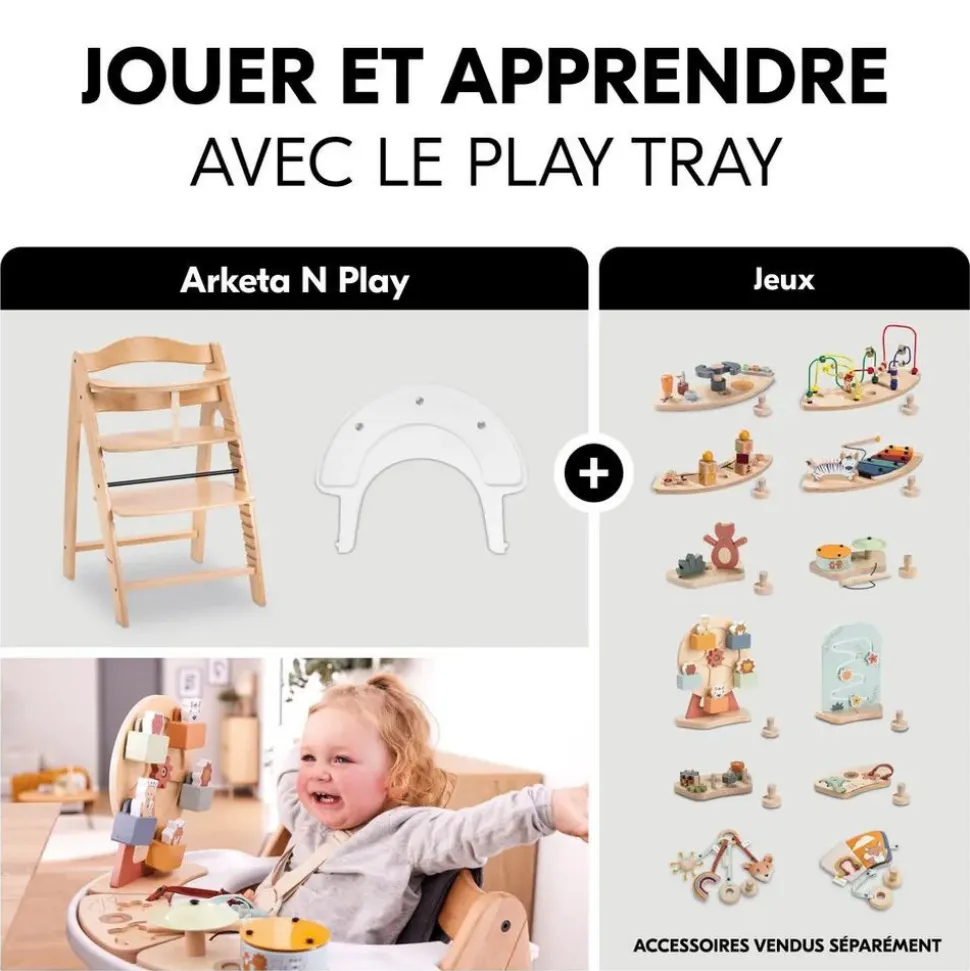 Chaise haute bébé arketa n play beech en bois beech avec plateau de jeu