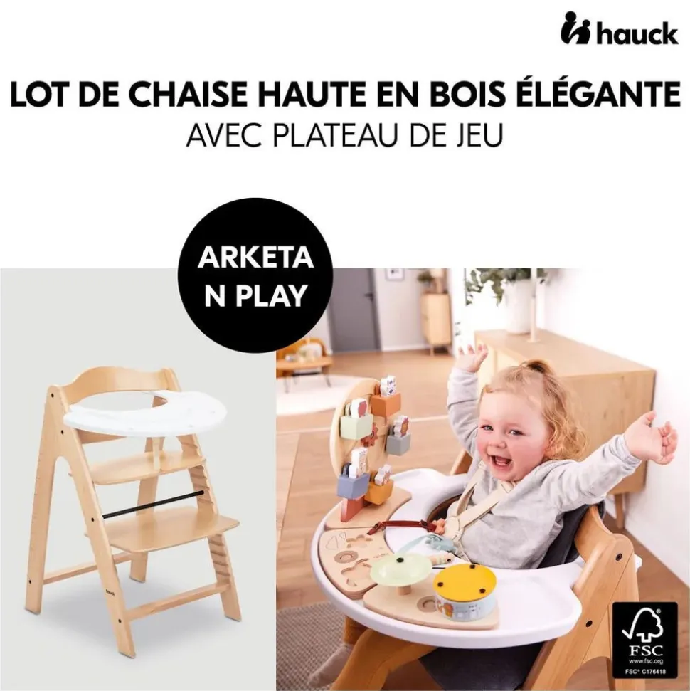 Chaise haute bébé arketa n play beech en bois beech avec plateau de jeu