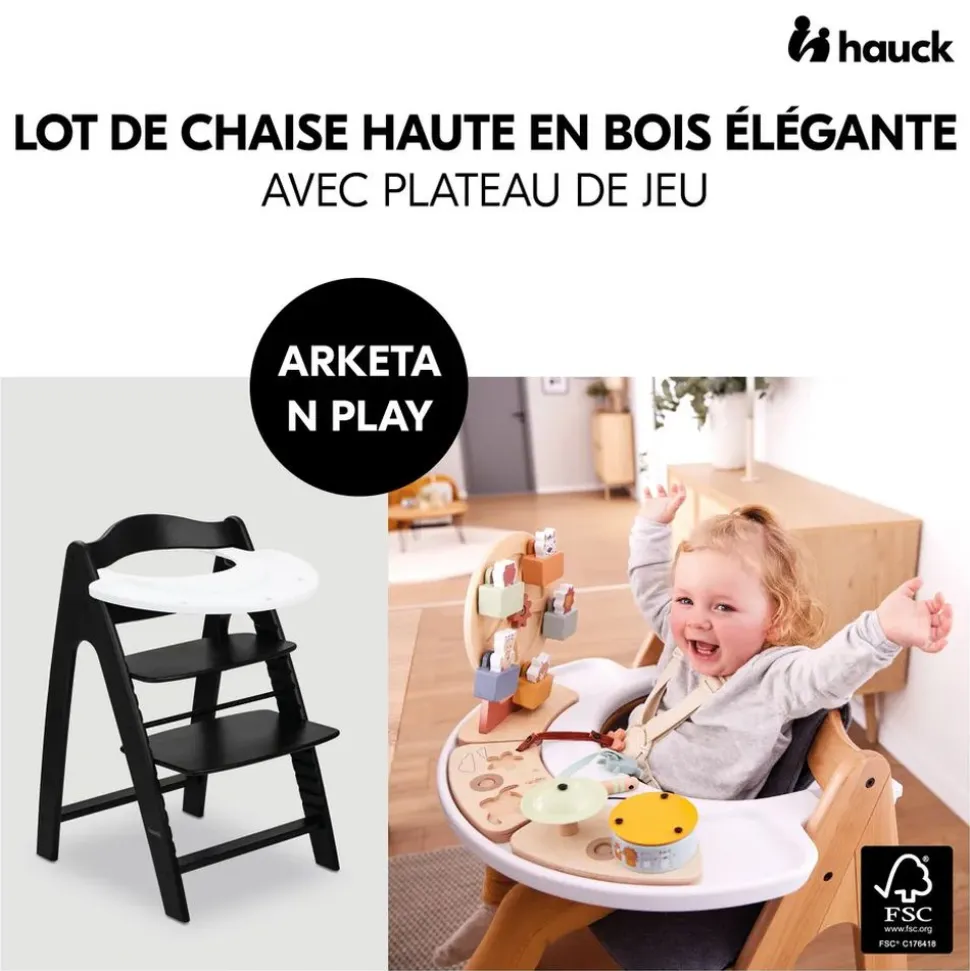 Chaise haute bébé arketa n play en bois noir avec plateau de jeu