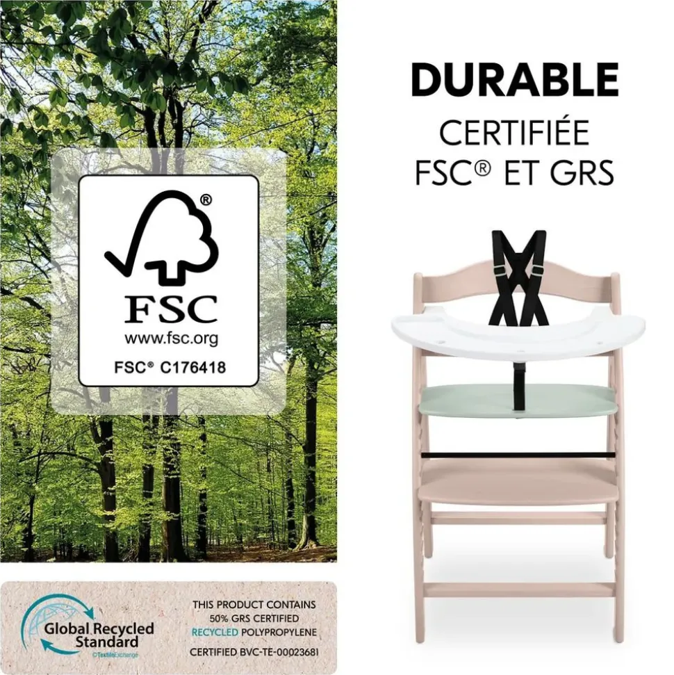 Chaise haute bébé arketa n play en bois vert clair avec plateau de jeu