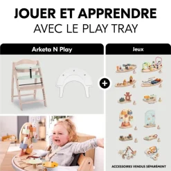 Chaise haute bébé arketa n play en bois vert clair avec plateau de jeu