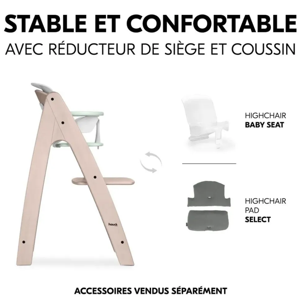 Chaise haute bébé arketa n play en bois vert clair avec plateau de jeu