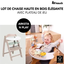 Chaise haute bébé arketa n play en bois vert clair avec plateau de jeu