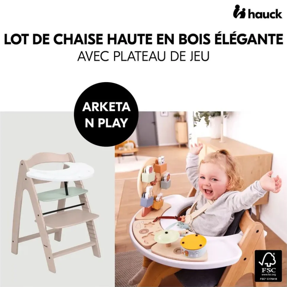 Chaise haute bébé arketa n play en bois vert clair avec plateau de jeu