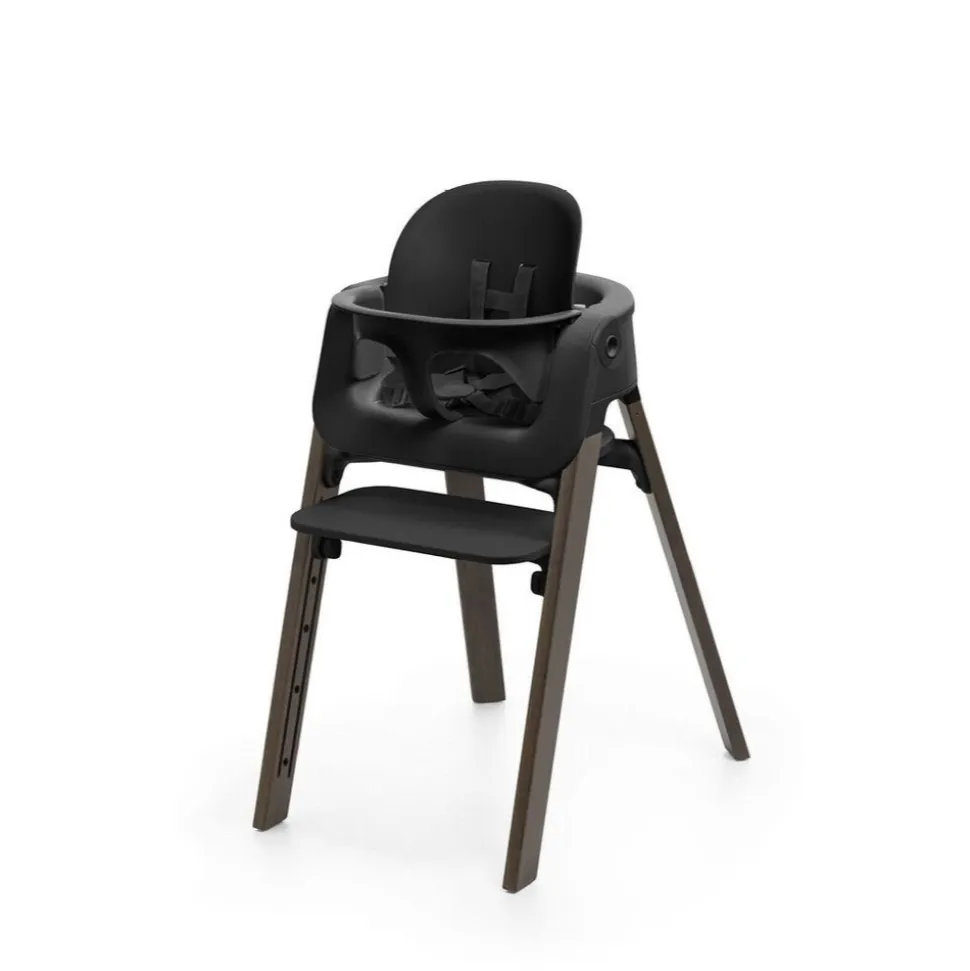 Chaise haute steps complète avec baby set et plateau noir / warm brown