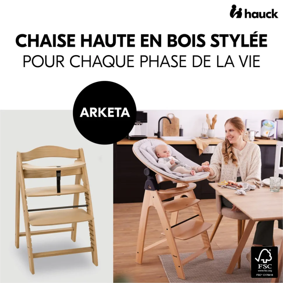 Chaise haute évolutive arketa bois naturel oak + coussin select jersey beige