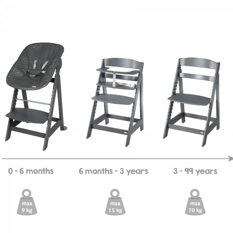 Chaise haute évolutive 2en1 born up gris graphite matelassé
