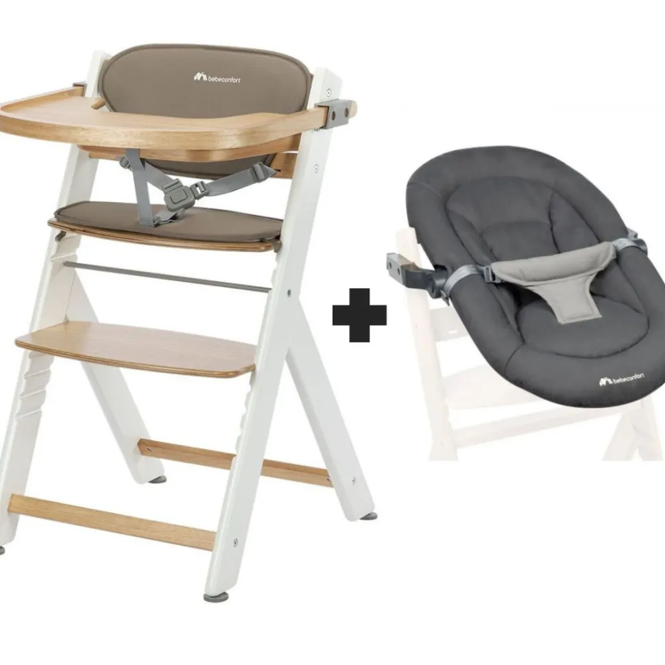 Chaise haute évolutive 2-en-1 timba 2 light wood avec coussin beige + transat tinted graphite