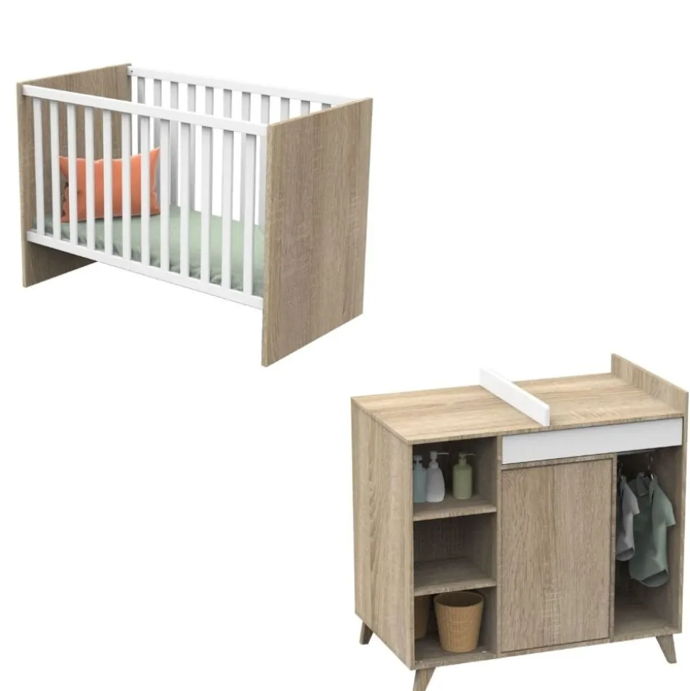Chambre bébé duo lit bébé 60x120 + commode nova blanc lin