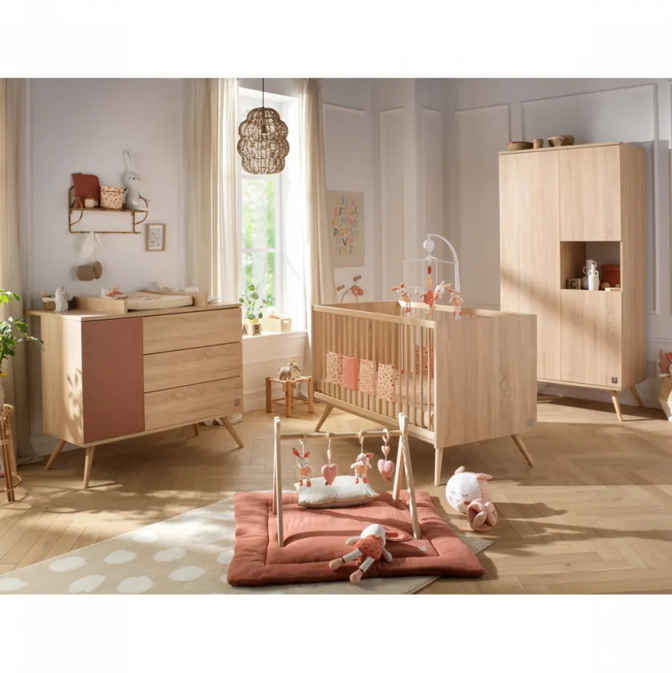 Chambre bébé duo lit 70x140cm bois + commode terracotta seventies