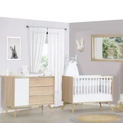 Chambre bébé duo lit 60x120cm + commode seventies blanc et bois