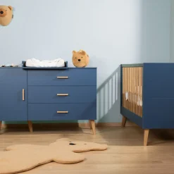 Chambre bébé duo lit 70x140cm évolutif + commode à  langer bold blue bleu pied naturel