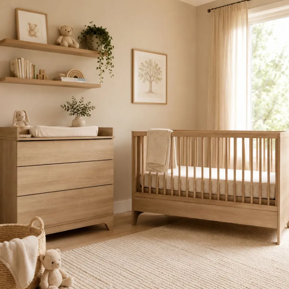 Chambre bébé duo tsugi lit évolutif 70 x 140 cm avec commode et plan à langer honey ash
