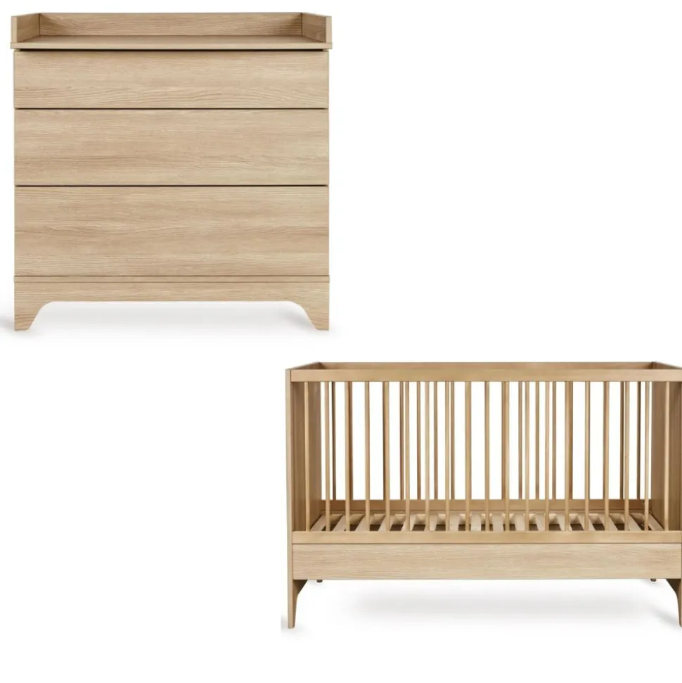Chambre bébé duo tsugi lit 60 x 120 cm + commode avec plan à langer honey ash