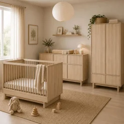 Chambre bébé trio kyo lit 70 x 140 cm + armoire + commode xl avec plan à langer - honey ash