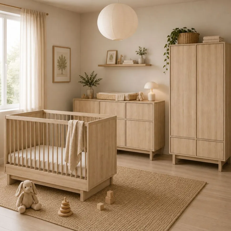 Chambre bébé trio kyo lit 70 x 140 cm + armoire + commode xl avec plan à langer - honey ash